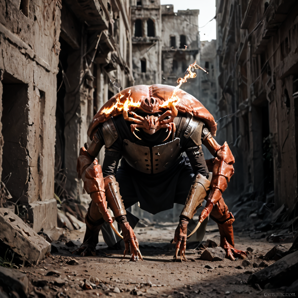 score_9, score_8_up, score_7_up, score_6_up, score_5_up, score_4_up, rating_safe,source_photo,realistic,cinematic,a giant enemy crab rampaging in the ruins of a burning city, <lora:Ponyrealv3:1>