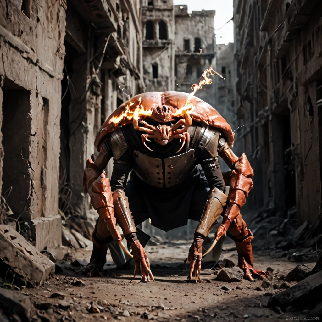 score_9, score_8_up, score_7_up, score_6_up, score_5_up, score_4_up, rating_safe,source_photo,realistic,cinematic,a giant enemy crab rampaging in the ruins of a burning city, <lora:Ponyrealv3:1>