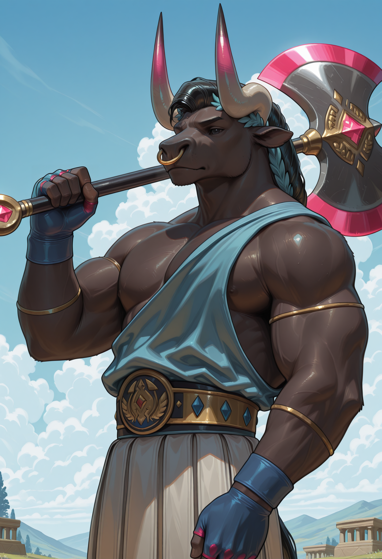 4st3rius, minotaur, muscular male, horns, solid black eyes, nose ring, holding axe, weapon over shoulder, male focus, fingerless gloves, ancient greek clothes, european mythology, ancient greece, blue sky, clouds, perfect anatomy, masterpiece, perfect quality, best quality, detailed, newest, very aesthetic
<lora:Illustrious\Characters\Asterius_Hades_V1_ILXL:1.0>
<lora:Illustrious\Details\illustriousXL_stabilizer_v1:0.5>