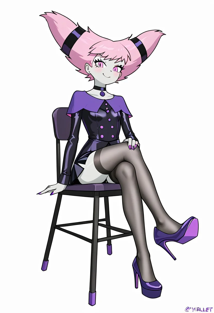 solo, 1girl, Petite, small bust, short pink hair, pale grey skin, pink eyes, blush, black blouse with violet details, fitted violet skirt with black buttons, long sleeves with cuffed ends, thigh-high black stockings, violet heels, black choker with violet medallion, sitting cross-legged on a chair with a confident expression.
