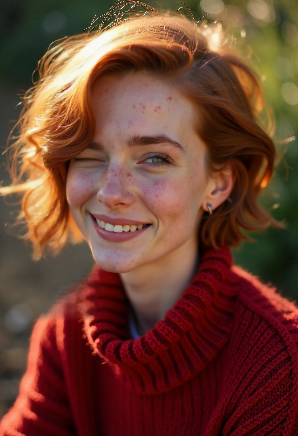Professional photography, sunlight, 35mm film, sharp lens, shot from a low angle, closeup photo of a young woman wearing a red wool textured sweater with short red hair in London garden, side profile, candid smile, warmth in her expressive eyes.  Her green eyes catch the light in an appealing manner. The photo is a production still for a movie, the focus is sharp. Daytime spring garden, dirt obscuring the ground. Professional lighting and color grading for a clean sharp film look. Her face is evenly lit showing light freckles and natural skin imperfections and visible skin pores.