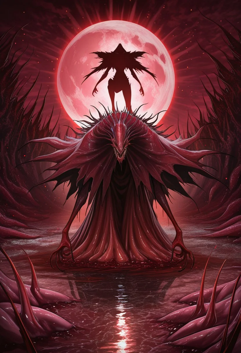 MASTERPIECE, AMAZING QUALITY, 3NDL3SS, SILHOUETTE, MONSTER, SHARP FANGS, FLESH CLOAK, BLOODY, RED PARTICLES, RED SWAMP,