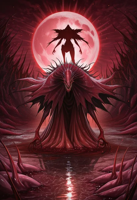 MASTERPIECE, AMAZING QUALITY, 3NDL3SS, SILHOUETTE, MONSTER, SHARP FANGS, FLESH CLOAK, BLOODY, RED PARTICLES, RED SWAMP,