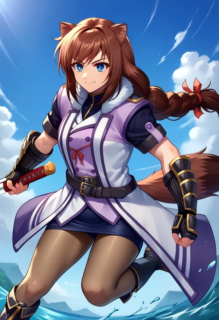 score_9, score_8_up, score_7_up, source_anime, good anatomy, solo, 1girl, BrioHina, brown hair, braided hair, braid, blue eyes, dog girl, dog ears, dog tail, red hair ribbon, white and purple coat, fur-trimmed coat, tail coat, white and purple double breasted jacket, black shirt, black undershirt, belt, black miniskirt, pencil skirt, pantyhose, black boots, black gauntlets, jumping, holding katana, smiling, fighting, fighting stance