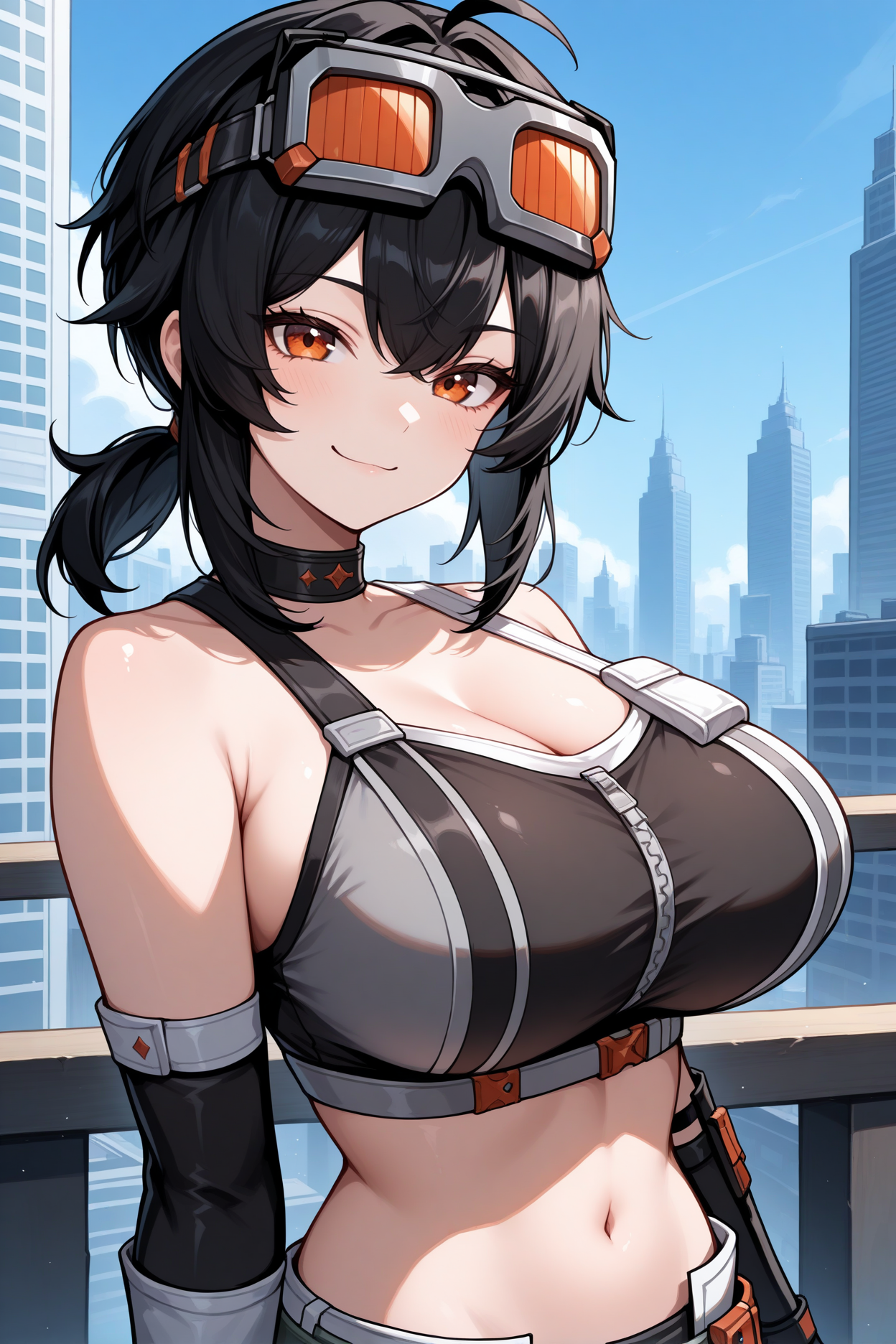 masterpiece, best quality, 1girl, solo, <lora:gracehoward-illu-nvwls-v1-000005:1> zzzGrace, black hair, ahoge, short ponytail, low ponytail, goggles on head, choker, black crop top, cleavage, sleeveless, midriff, detached sleeves, asymmetrical gloves, fingerless gloves, belt, skin tight, big breasts, looking at viewer, upper body, smug smile, cityscape, portrait, arms at sides