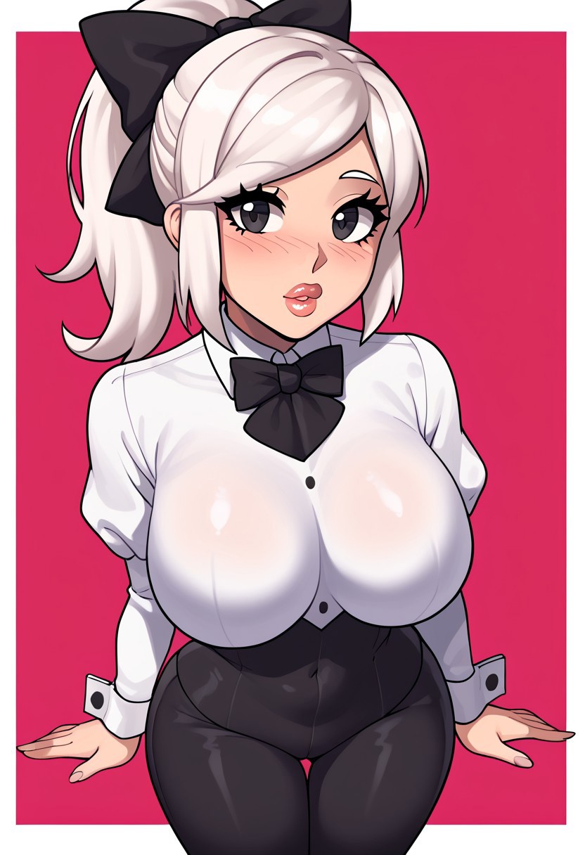 score_9, score_8_up, score_7_up, score_6_up, score_5_up, score_4_up, source_cartoon, <lora:confetti-extract- ponyxl:0.85>, detailed eyes, easynegative, rating_explicit, Expressiveh, 1girl, solo,
Geraldine, shirt, long sleeves, white shirt, white hair, ponytail, sidelocks, thighs, hair bow, collared shirt, pants, puffy sleeves, bowtie, black eyes,  wrist cuffs, black bow, dress shirt, swept bangs, black pants,  high ponytail, juliet sleeves,  black bowtie,  sleeve cuffs, traditional bowtie, necktie, big breasts, blush, shy, lips, looking at viewer