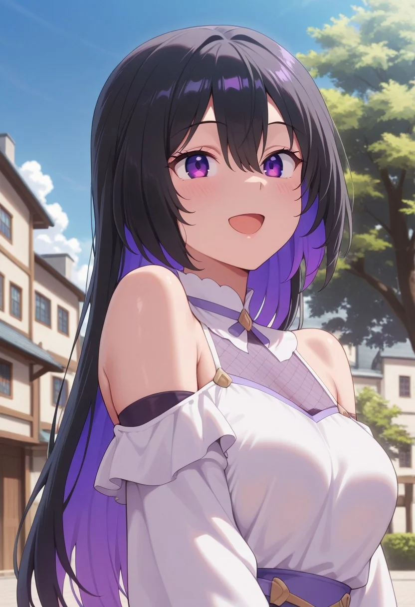 masterpiece,best quality,amazing quality, tinasha, black hair, long hair, purple hair, colored inner hair, purple eyes, 1girl, solo, open mouth, outdoors, smile, tree, sky, bare shoulders, :d, long sleeves, hair between eyes, shirt, blue sky, building