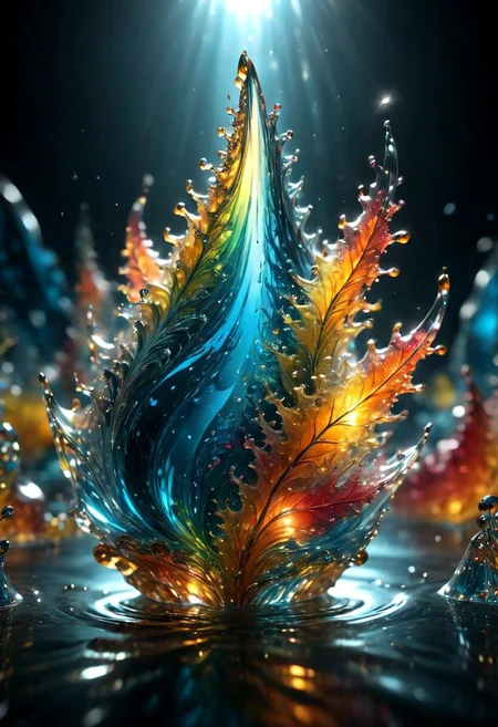 An abstract shape, amazingly fluid, made of glass, detailed, 3d fractals, light particles, water drops, shimmering light, surreal, ink, smooth, shimmering, glow, cinematice contrast, Glow, 16k, crystal clear, colorful,