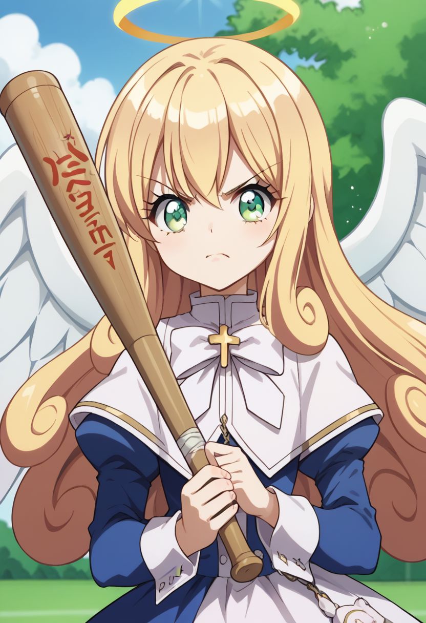 score_9, score_8_up, score_7_up, source_anime, highly detailed, 1girl, solo, cute, upper body,
poporon, 1girl, blonde hair, solo, halo, angel, wings, green eyes, long hair, angel wings, boots, dress, hold, holding baseball bat, hold with both hands, angry, parody, anger vein,