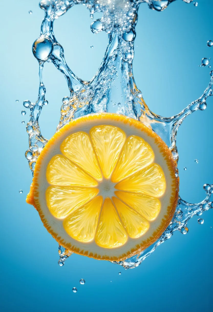 A slice of lemon splashing into water, water droplets, vibrant yellow, blue water, detailed, sharp focus, centered