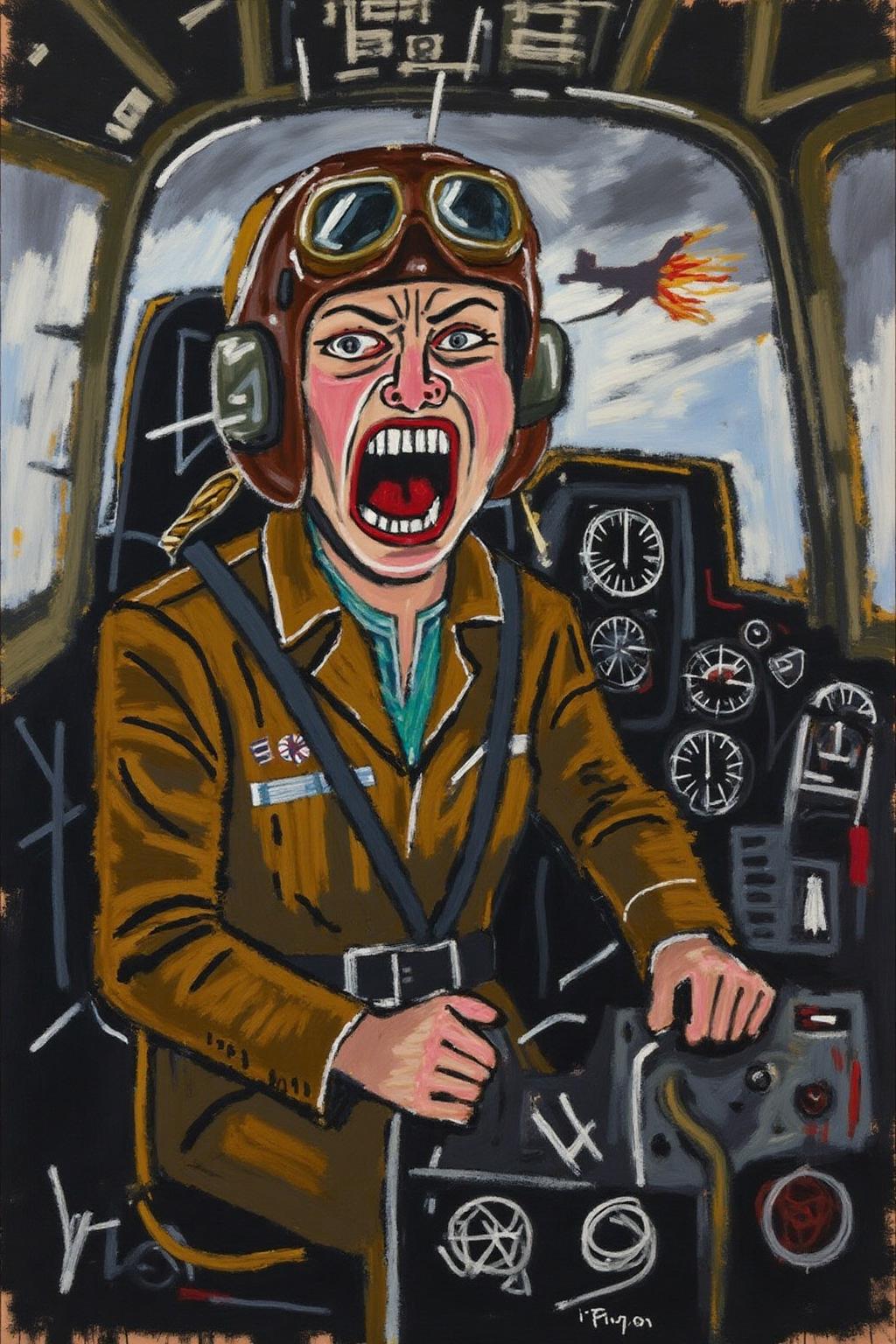 basquiat1 painting.
A female pilot screaming inside the cockpit of a World War II bomber. The pilot, wearing a vintage leather flight helmet with goggles and a bomber jacket, grips the controls with white-knuckled hands. Her face is contorted in a mix of fear and determination as she yells, her eyes wide with adrenaline. The cockpit is cramped and filled with old-fashioned dials and gauges, with the outside view showing dark stormy clouds and distant anti-aircraft fire <lora:basquiat1_cap_d6a3e11:1.0><lora:835162549973534025:0>