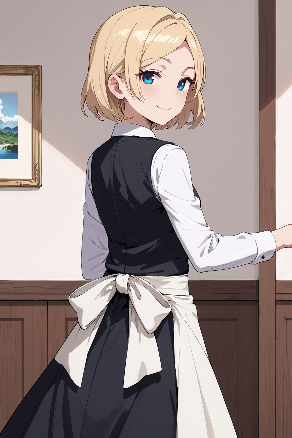 score_9, score_8_up, score_7_up, , source_anime, BREAK, hayasakamama, 1girl, solo, blonde hair, blue eyes, looking at viewer, short hair,  waist apron, black dress, white shirt, maid,,  white apron, , vest, , smile   <lora:hasakamama_pony-000009:1> long sleeves,   cowboy shot,  (mature female:0.5),  looking back,  from behind,  black skirt,