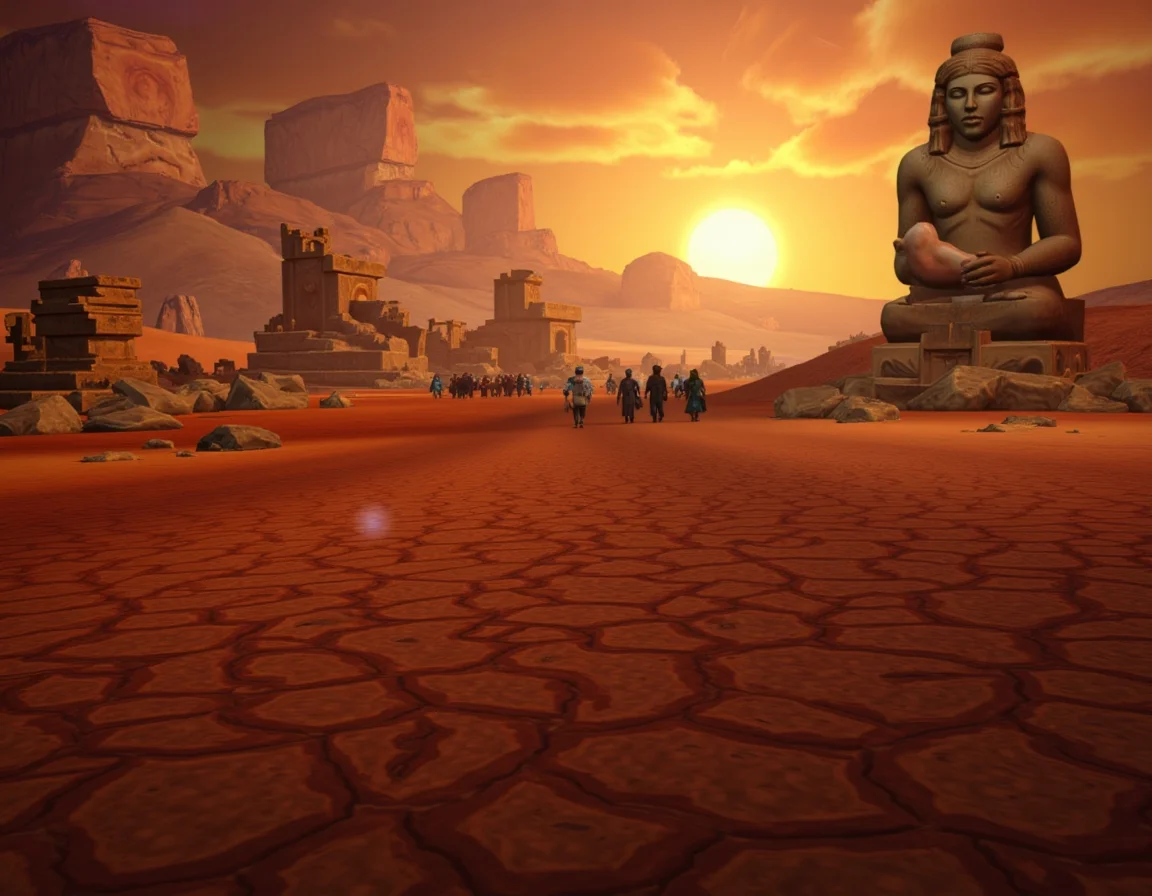 WOW_Character_Style, This image is a digital drawing of a World of Warcraft environment, depicting a sprawling desert wasteland. The land is dry and cracked, with vast dunes of reddish sand stretching out in every direction. Scattered across the landscape are massive, ruined statues and crumbling stone structures, remnants of a long-lost civilization. The sun hangs low in the sky, casting a golden-orange light over the desert, and the heat waves distort the horizon. In the distance, towering rock formations rise like monoliths, and a lone caravan of travelers can be seen making their way across the dunes. The lighting is warm and intense, creating long shadows and a sense of vast emptiness. The colors are primarily warm tones of reds, oranges, and yellows, with the ruins adding a stark contrast of weathered stone. The overall mood is one of ancient mystery and desolation, with the vast desert hinting at hidden secrets buried beneath the sands.