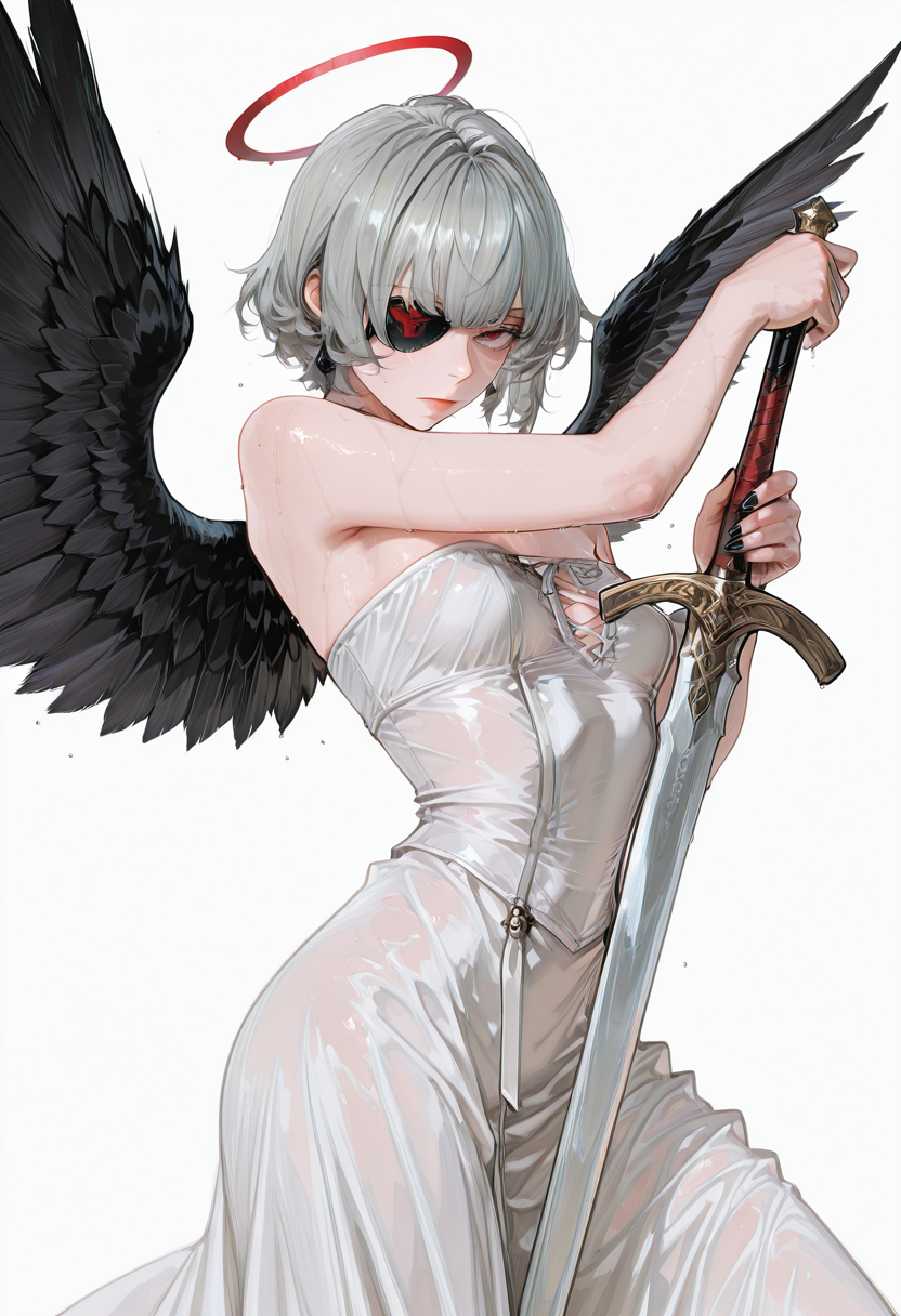 very aesthetic, high resolution, high quality, amazing quality, detailed, masterpiece, absurdres, score_9, score_8_up, score_7_up,  <lora:aaaaaatest\v2.5-000010:0.8> 328145878style /style/, 1girl, mature Female, angel, short hair, grey hair, small breast, small chest, she only have one wing, small black wing, black nail, red halo, holding medieval sword, eyepatch, looking at viewer, action pose,