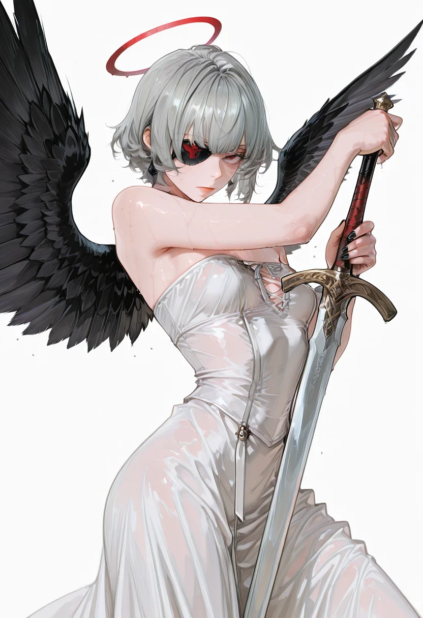 very aesthetic, high resolution, high quality, amazing quality, detailed, masterpiece, absurdres, score_9, score_8_up, score_7_up, <lora:aaaaaatest\v2.5-000010:0.8> 328145878style /style/, 1girl, mature Female, angel, short hair, grey hair, small breast, small chest, she only have one wing, small black wing, black nail, red halo, holding medieval sword, eyepatch, looking at viewer, action pose,
