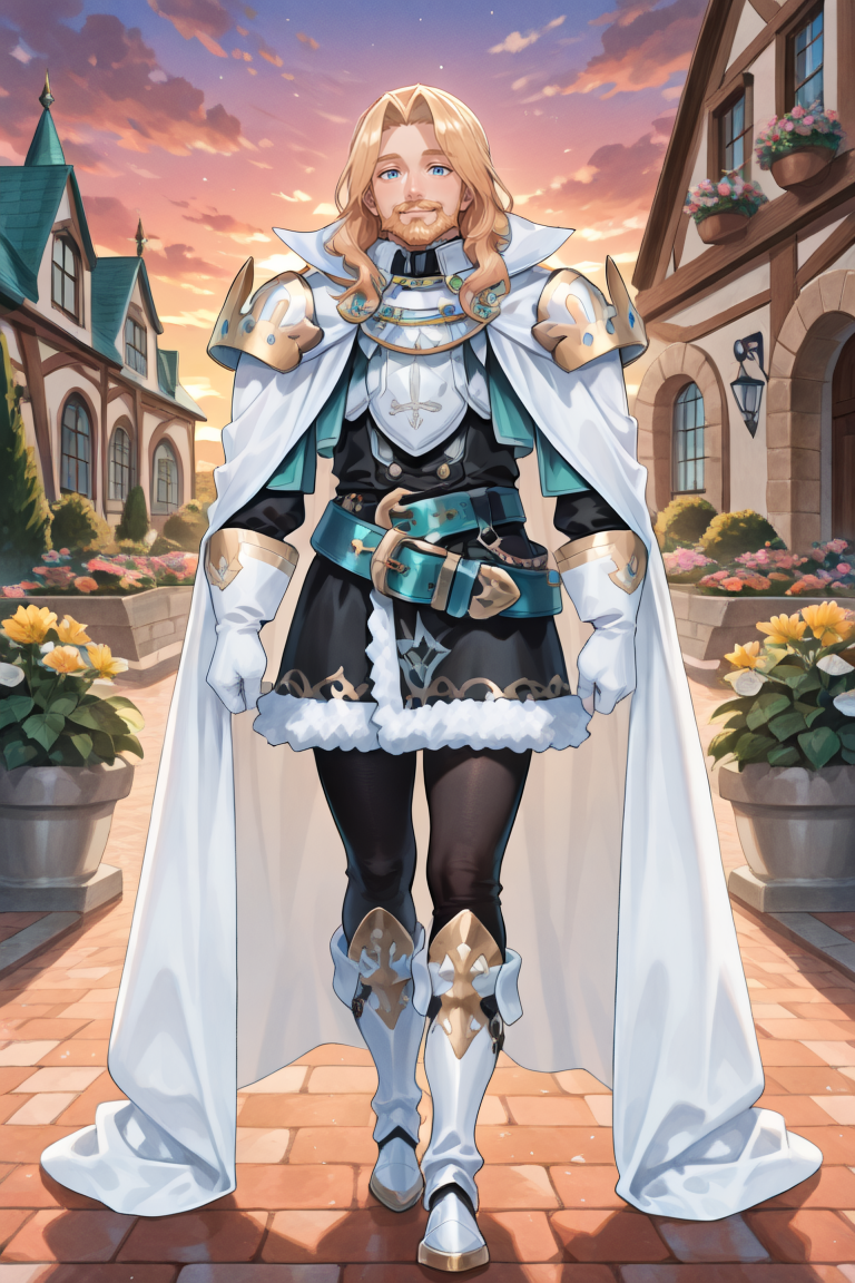 <lora:OrdeneIL:0.8> , ordedef, 1boy, blue eyes, blonde hair, long hair, facial hair, mustache, beard, white cape, collared cape, armor, pauldrons, white gloves, fur-trimmed skirt, black skirt, black leggings, belt, white boots, white greaves, full body, smile, sunset, garden, courtyard, looking at viewer, solo, masterpiece, very aesthetic, absurdres, best quality, amazing quality, high resolution, newest, very awa, <lora:illustrious_quality_modifiers_masterpieces_v1:0.8> , <lora:ChamIllustriousBackgroundEnhancer:0.5>,  solo,