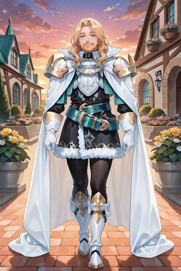 <lora:OrdeneIL:0.8> , ordedef, 1boy, blue eyes, blonde hair, long hair, facial hair, mustache, beard, white cape, collared cape, armor, pauldrons, white gloves, fur-trimmed skirt, black skirt, black leggings, belt, white boots, white greaves, full body, smile, sunset, garden, courtyard, looking at viewer, solo, masterpiece, very aesthetic, absurdres, best quality, amazing quality, high resolution, newest, very awa, <lora:illustrious_quality_modifiers_masterpieces_v1:0.8> , <lora:ChamIllustriousBackgroundEnhancer:0.5>,  solo,