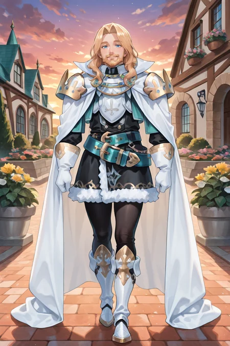 <lora:OrdeneIL:0.8> , ordedef, 1boy, blue eyes, blonde hair, long hair, facial hair, mustache, beard, white cape, collared cape, armor, pauldrons, white gloves, fur-trimmed skirt, black skirt, black leggings, belt, white boots, white greaves, full body, smile, sunset, garden, courtyard, looking at viewer, solo, masterpiece, very aesthetic, absurdres, best quality, amazing quality, high resolution, newest, very awa, <lora:illustrious_quality_modifiers_masterpieces_v1:0.8> , <lora:ChamIllustriousBackgroundEnhancer:0.5>,  solo,