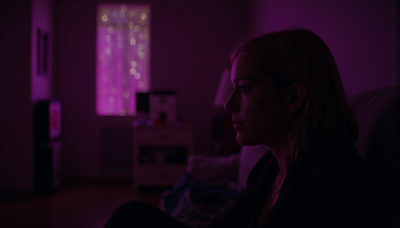 cinematic, A young woman with blonde hair sits in a dimly lit room, illuminated by soft purple and pink lighting. She gazes thoughtfully into the distance, with a bokeh of lights in the background, creating an intimate and contemplative atmosphere., film grain, Short telephoto focal length, shot on ALEXA 65