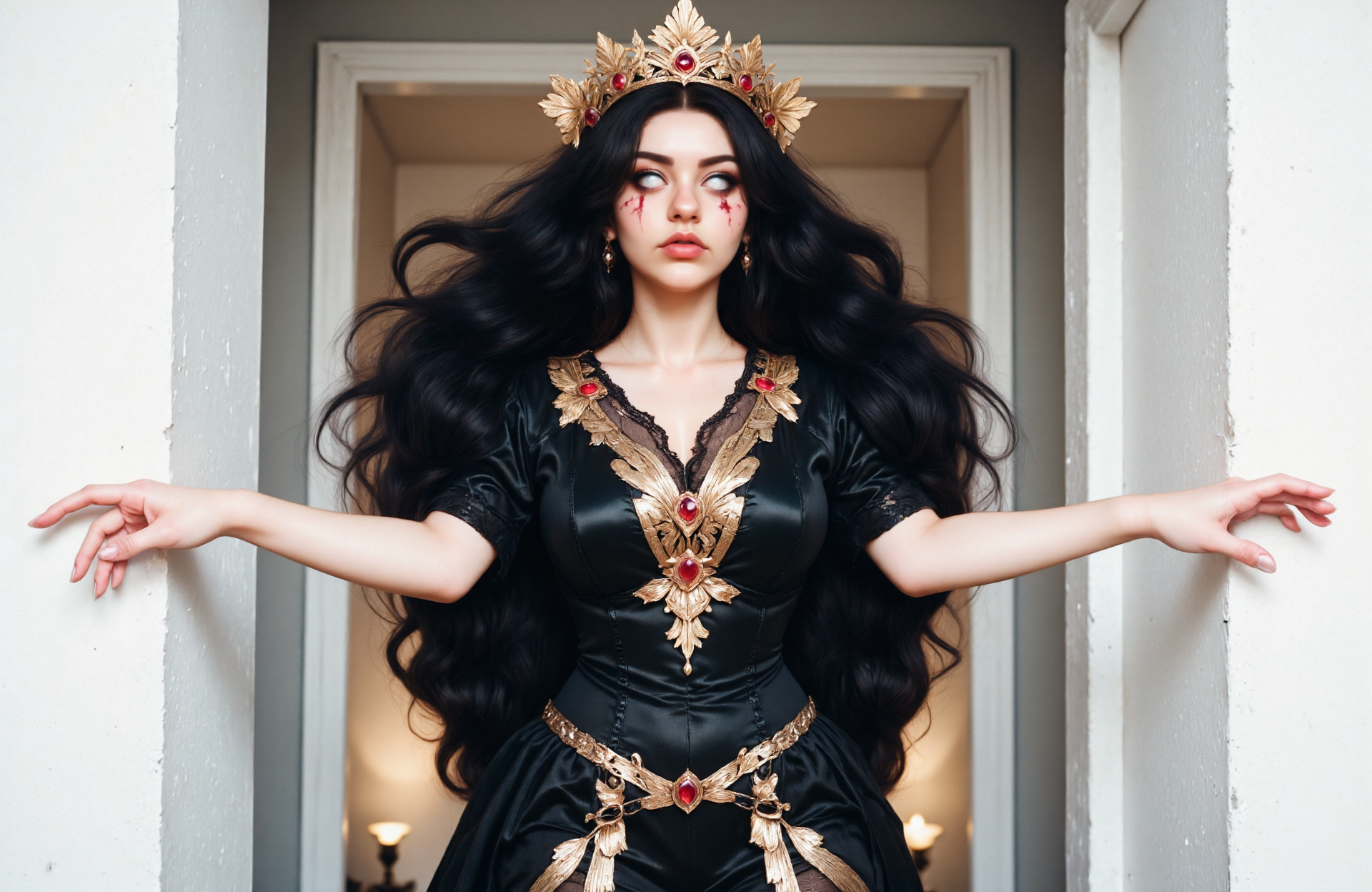 SUBJECT/CHARACTER: A hauntingly ethereal woman levitating unnaturally in the center of the scene, dressed in a tattered yet elegant black gown, its gold embroidery frayed and darkened with age. Her long, black hair cascades in wild, disheveled waves, and her pale skin has an almost corpse-like pallor. Her eyes are piercing and otherworldly, glowing faintly with an unnatural light, while her face bears cryptic.  Her outstretched arms and twisted fingers seem both inviting and threatening, as if summoning something sinister. Shes a woman with vibrant long black hair styled in flowing waves. Her eyes are not visible, adding to the eerie, glowing, white, red bloody tears running down from her eyes along her cheeks. She wears an intricate golden crown adorned with delicate patterns and embedded with ruby-red gemstones, exuding a royal aura. Her makeup is bold and flawless: sharp eyebrows, winged eyeliner, deep red lipstick, and softly blushed cheeks. conveying confidence and poise. Her arms are extended outward in a serene yet powerful pose, emphasizing her mystical abilities. (((She is hoovering in the air in the middle of the church above the altar in a praying with her face slightly to the side pose:1.9))).  <segment:face//cid=1> beautiful detailed face

BACKGROUND: The decaying interior of a once-grand Gothic cathedral, now shrouded in darkness and decay. The high vaulted ceilings are cracked, with vines and shadowy growths creeping along the arches. Rows of rotting pews line the sides, coated in a thin layer of dust and cobwebs. Behind the subject, the altar is crumbling, and the cross is defiled—its gold tarnished, and dark, dripping stains suggestive of blood seep from its edges. The flickering light of half-melted candles barely illuminates the space, casting eerie, distorted shadows that seem to move unnaturally.

STYLE: Photorealistic rendering with grotesque and chilling details, capturing the textures of decayed stone, rotting wood, and the weathered fabric of the gown. The atmosphere is oppressive and macabre, steeped in Gothic horror aesthetics. The lighting is dim and unsettling, with faint, cold beams piercing through cracks in the structure, and deep shadows pooling in corners. Subtle supernatural elements—such as faint whispers of mist or ghostly shapes lurking in the background—enhance the sense of dread and unease, blending religious iconography with dark fantasy horror.

glitter, diamonds, eyeshadow, low light,  noise,  grain, jpeg artifacts, sopherian, DisneyMorph, Retro Anime, G0thicL1nes, EldenRing, BlindEyes, tranceeyez4flux, romantic, female hand palm