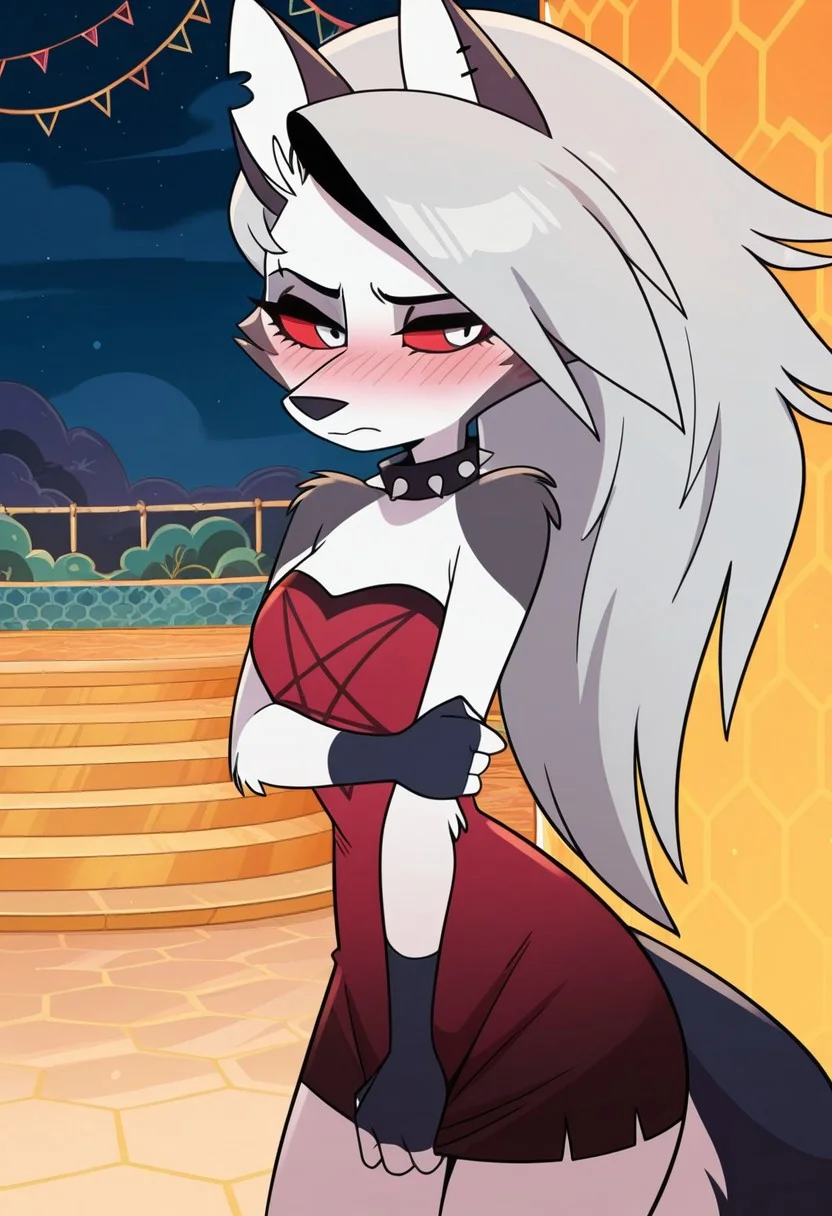 AMAZING QUALITY, MASTERPIECE, 1GIRL, SOLO, LOONA, FURRY, GREY HAIR, SILVER EYES, RED SCLERA, SHY, BLUSH, PENTAGRAM DRESS, SPIKED COLLAR, PIERCED EYEBROW, CLUB, NIGHT