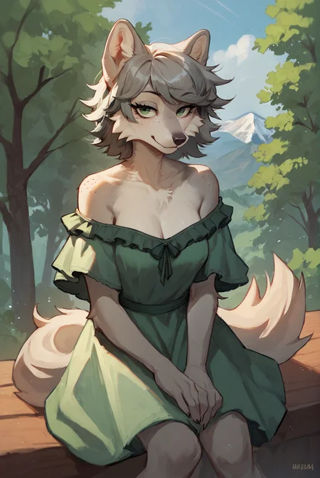 score_9, score_8_up, score_7_up, female, furry, solo, wolf, grey fur, freckles, short grey hair, swept bangs, green eyes, frilled green dress, off shoulder, looking at viewer, bedroom eyes, breasts, trees, mountain, <lora:by_randitawu-v2s400:1>