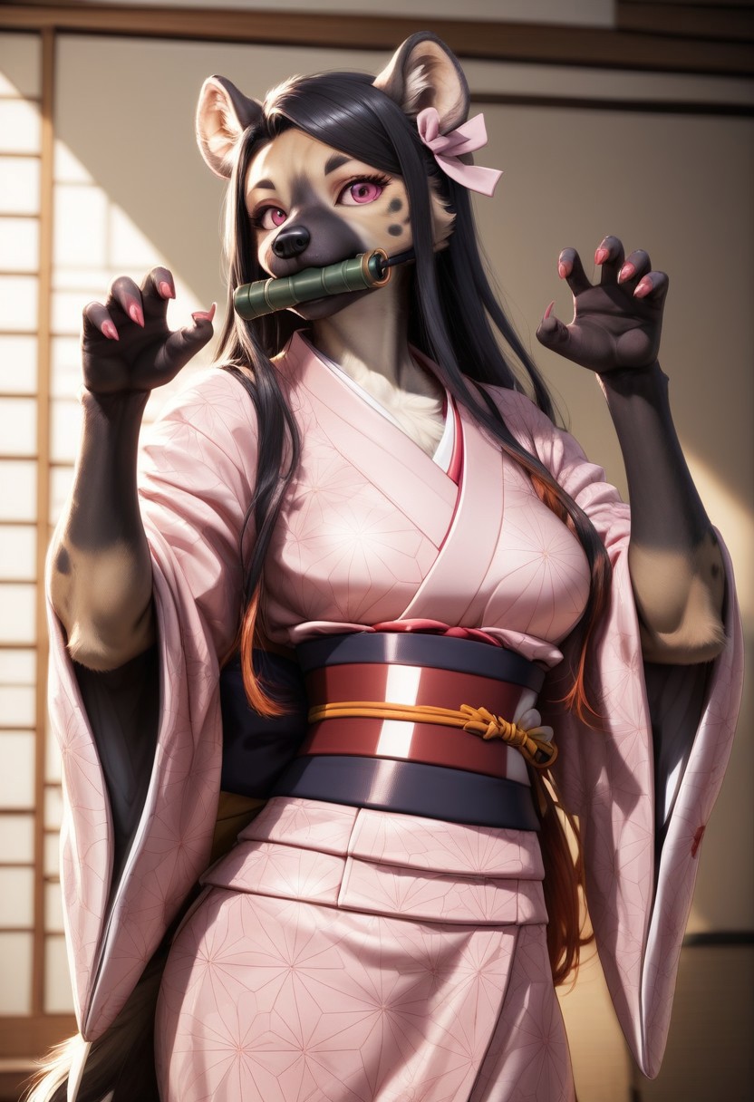 score_9, score_8_up, score_7_up, source_furry, beautiful female hyena furry ,1 girl(hyena), middle breasts,detailed face,kind look, bit gag, gag, japanese clothes, long hair, kimono, pink kimono, black hair, bamboo,  claw pose, pink eyes, solo, ribbon, asa no ha (pattern), haori, red nails, hair ribbon, checkered sash, sash, obi, fingernails, gagged, sharp fingernails, mouth hold, pink nails, pink ribbon, hc, ,castle room background(night,dark),Furry antro hyena dressed like  Nezuko, solo