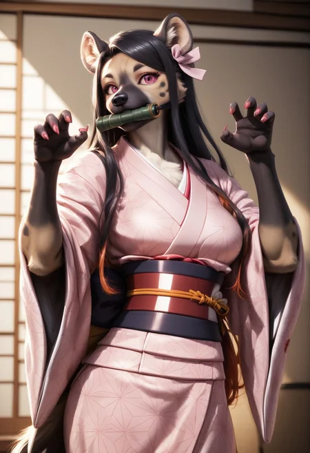 score_9, score_8_up, score_7_up, source_furry, beautiful female hyena furry ,1 girl(hyena), middle breasts,detailed face,kind look, bit gag, gag, japanese clothes, long hair, kimono, pink kimono, black hair, bamboo,  claw pose, pink eyes, solo, ribbon, asa no ha (pattern), haori, red nails, hair ribbon, checkered sash, sash, obi, fingernails, gagged, sharp fingernails, mouth hold, pink nails, pink ribbon, hc, ,castle room background(night,dark),Furry antro hyena dressed like  Nezuko, solo