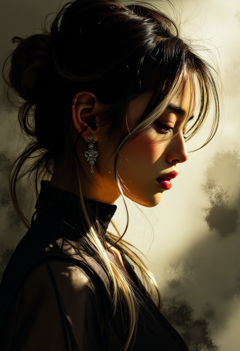 mwv7_alpha_v01, ArsMJStyle, Expressive Watercolor Ink Wash, sepia, henna , inksketch, Silhouette Art, magnificent, dark background, side portrait of stunning japanese woman, long dark hair with platinum streaks, sidelocks, bangs, earrings, necklaces, seductive, sultry, red lips, averted gaze, light hitting one side of face, abstract background