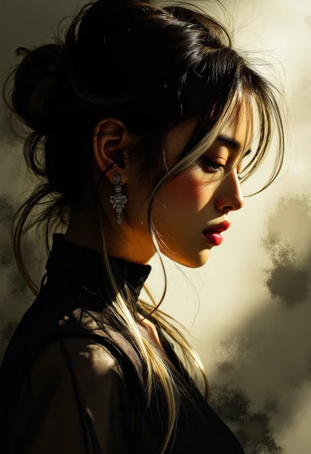 mwv7_alpha_v01, ArsMJStyle, Expressive Watercolor Ink Wash, sepia, henna , inksketch, Silhouette Art, magnificent, dark background, side portrait of stunning japanese woman, long dark hair with platinum streaks, sidelocks, bangs, earrings, necklaces, seductive, sultry, red lips, averted gaze, light hitting one side of face, abstract background