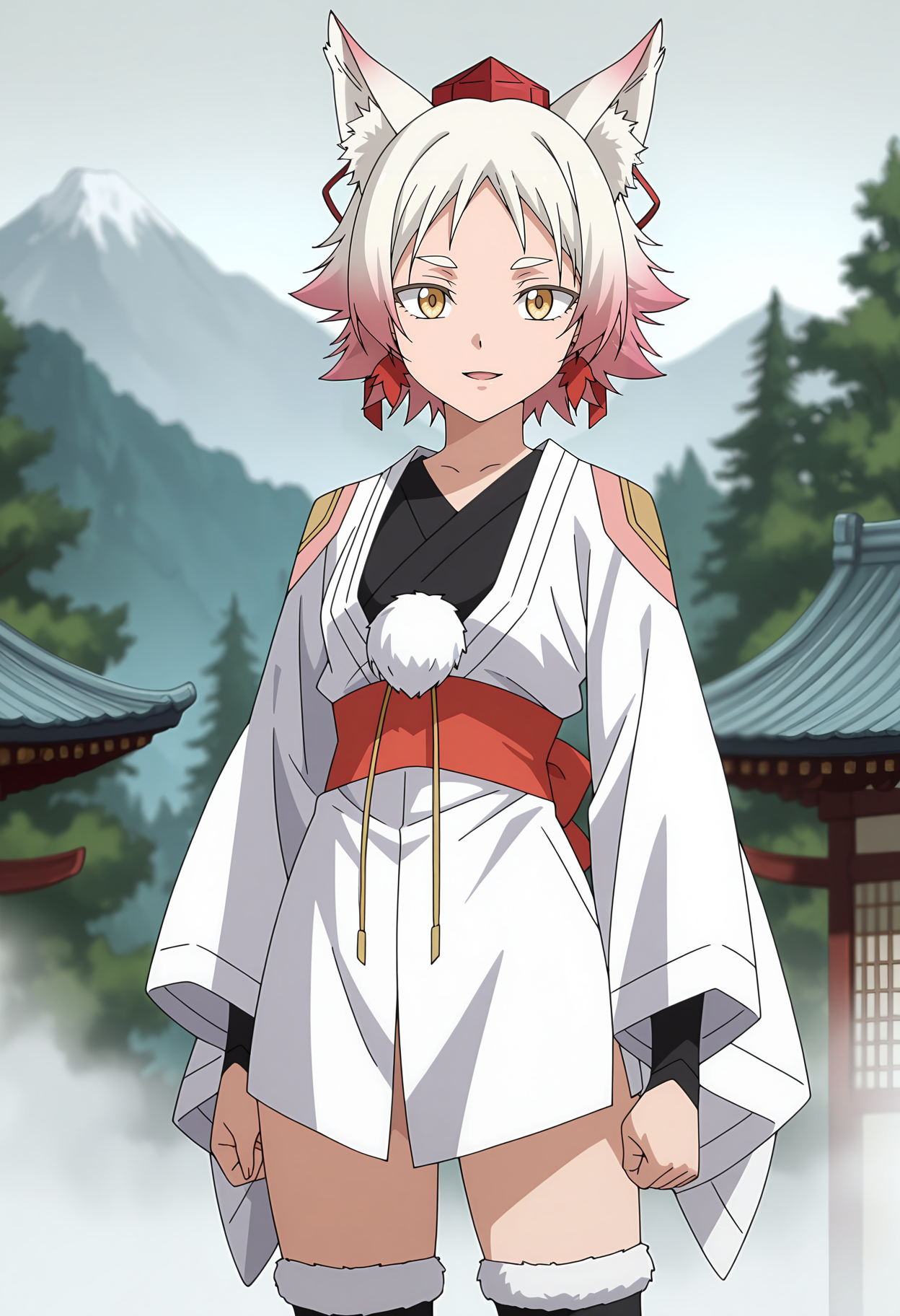 anime screencap, masterpiece, best quality,
<lora:TenSura_Momiji_IlluXL:0.9>,
1girl, solo, open mouth, light smile,
multicolored hair, short hair, white hair, pink hair, yellow eyes, wolf ears, hair ribbon, leaf earrings,
tokin hat, red headwear, white kimono, black shirt, red sash, pom pom \(clothes\), long sleeves, black thighhighs,
standing, looking at viewer, cowboy shot,
blurry background, east asian architecture, outdoors, mountainous horizon, scenery, forest, grey sky, fog, grey background
