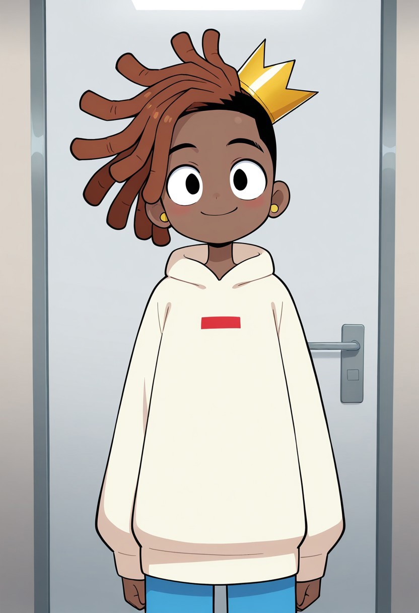 score_9, score_8_up, score_7_up, masterpiece, best quality, amazing quality, King Science, 1boy, solo, dark skin, dark-skinned male, brown hair, black eyes, dreadlocks, jewelry, hood, hoodie, blue pants, very dark skin, white hoodie, hood down, crown, smile, looking at viewer, upper body