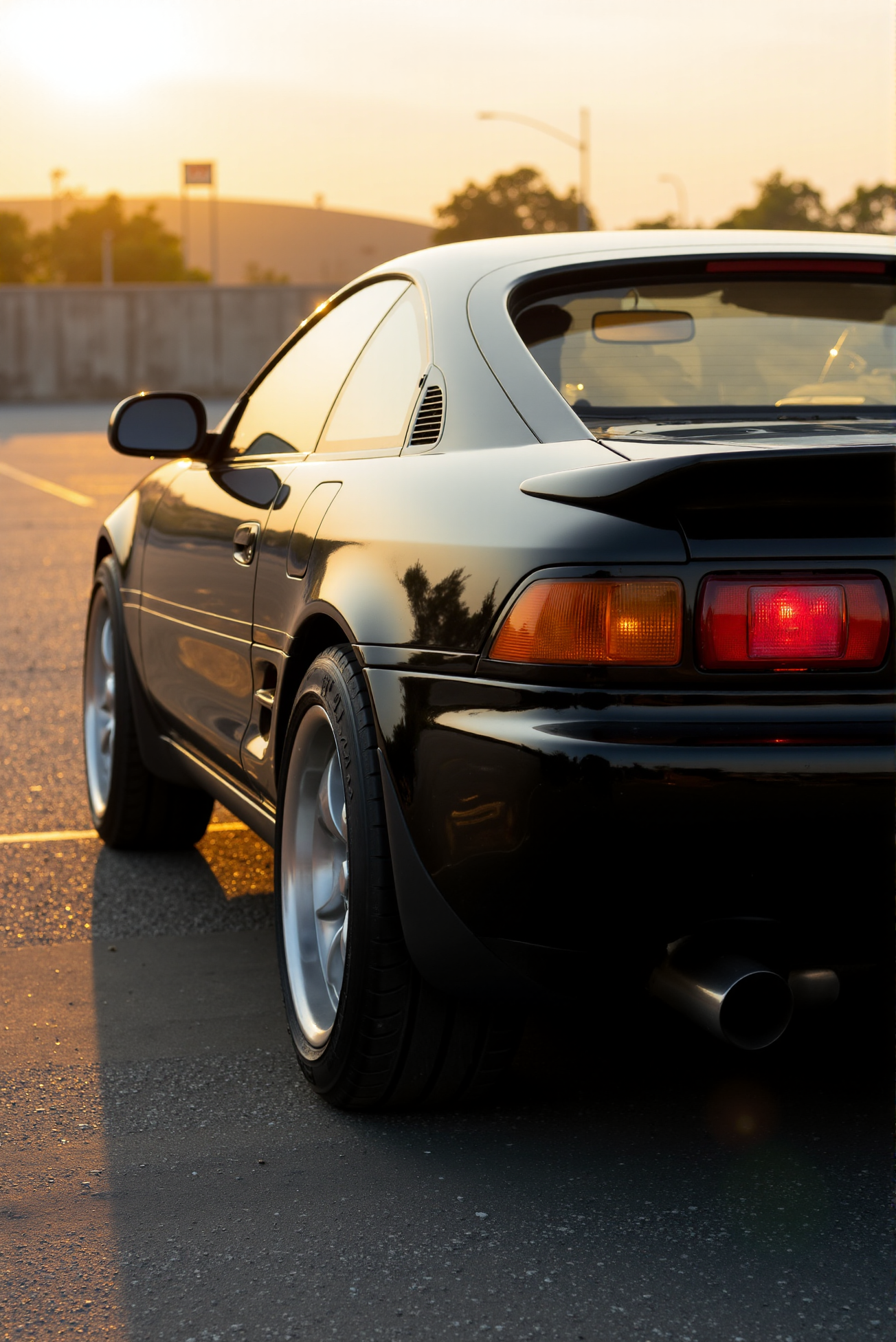 <lora:Toyota_MR2_SW20:0.8> 
A black Toyota MR2 SW20 captured in a quiet lot at golden hour, photographed from the rear three-quarter view as soft sunlight glows across the pavement. The taillights exhibit their classic twin-circle design with gentle amber-red tone under the diffused light. The black paint mirrors the environment with warm highlights along the rear arches, trunk, and wing. Polished wheels glint subtly beneath flared arches, and a single large exhaust tip exits the rear bumper with clarity. The rear spoiler curves smoothly across the trunk, complementing the MR2âs organic silhouette. The entire composition feels grounded and introspective, with stillness and warmth surrounding a legendary machine. The cameraâs gentle elevation balances technical detail with compositional grace, emphasizing presence through light and form.