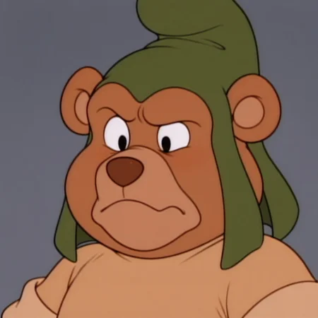 masterpiece, best quality, amazing quality, gruffi, male, furry male, anthro, solo, bear, brown fur, black eyes, tan muzzle, brown nose, paw pads, short, green hat, brown shirt, brown belt, sad, frown, close up, portrait, grey background