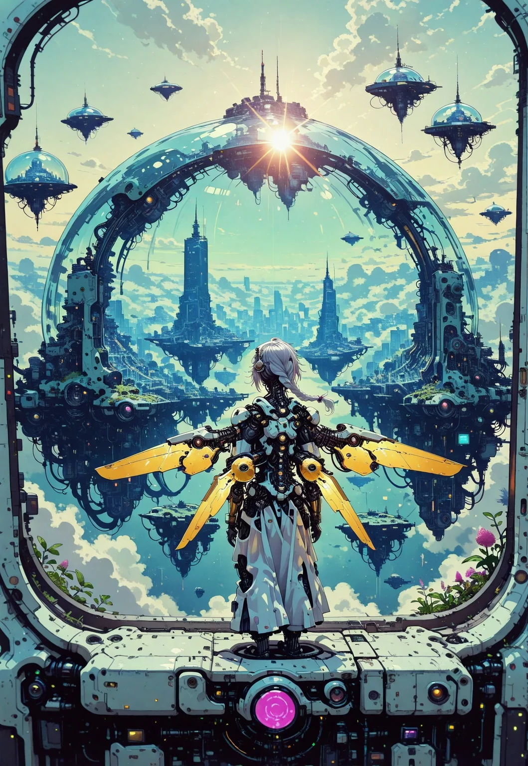 1girl, from behind, silver hair, long single braid,  floating hair, mechanical body parts, golden mechanical wings, full body, solo focus, focused subject, standing on sky bridge, in the sky, sky city, floating island, futuristic architecture,  glass dome, bright sunlight, lens flares, dreamy atmosphere, scenery, space ships, plants, lush nature, no humans, no ground, cyberpunk, science fiction, high fantasy, aerial view, depth of field, perspective, anime screencap,  painterly, ray tracing,cinematic lighting, no line art, no outline, photo (medium), film grain, fine art, masterpiece, best quality, good quality, very awa, very aesthetic, absurdres, newest, in the style of cksc,in the style of cknc