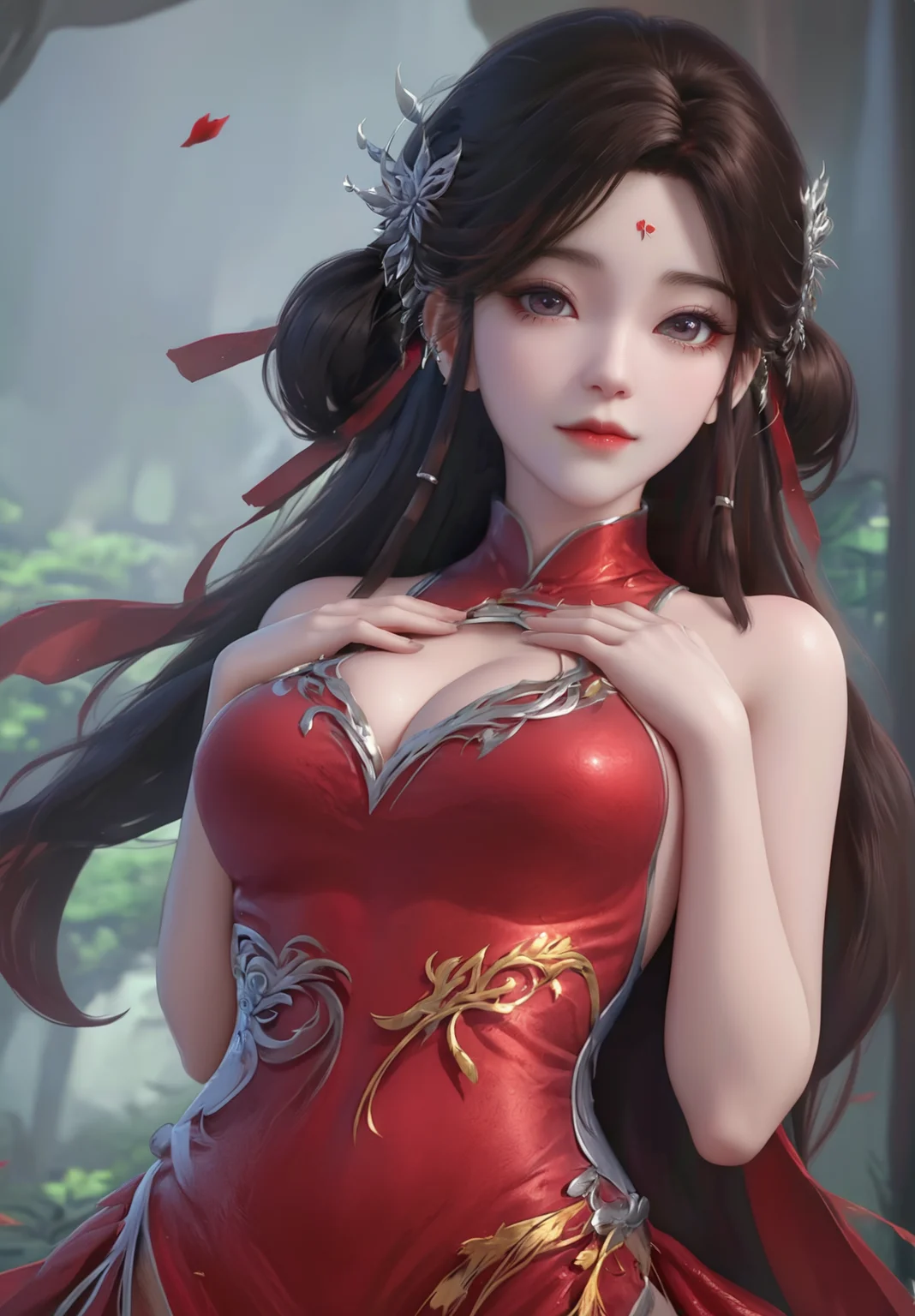 looking_at_viewer,cowboy_shot,(hands_on_own_chest:1.4),1girl,solo,dress,(face light:1.5),hair ornament,portiart,from front,masterpiece,(best quality),official art,extremely detailed cg 8k wallpaper,((crystalstexture skin)),(extremely delicate and beautiful),solo,photo_\(medium\),hiqcgbody,chinese background,(smile:0.4),forehead_mark,red cheongsam,eye-contact,jewelry,long hair,<lora:huolinger_V2-000008:1>,
