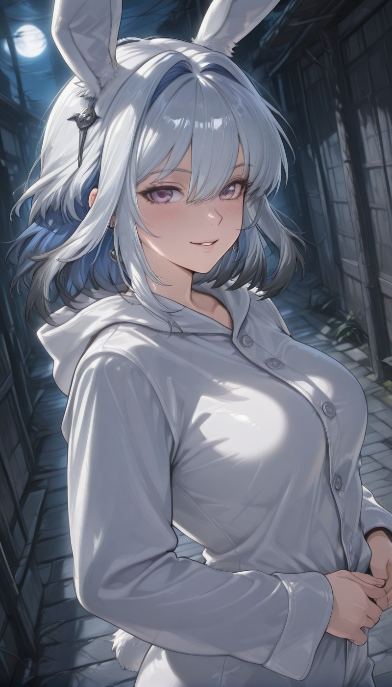 <lora:LCMTurboMix_Euler_A_fix:1> <lora:example_SDXL:0.3>, EZRealPONYXL, <lora:Dramatic Lighting Slider:3>
DSLR,realistic,cosplay photo, (very awa,masterpiece,best quality,year 2024,newest,absurdres,highres:1), realistic,skin texture,facial features, photography shot with Canon EOS 5D Mark IV , realistic, RAW, best quality, masterpiece, amazing quality, skin details,
1girl, highly detailed beautiful face, large natural breasts,
detailed background, shiny skin, dutch angle, night, moonlight,
beautiful detailed eyes, intricate details, absurdres, anime screencap,
<lora:Galbrena_WWaves_ILXL_kill0825:0.8>
WWGalbrena, long hair, breasts, short hair, hair ornament, hair between eyes, medium breasts, blue hair, purple eyes, white hair, grey hair, multicolored hair, parted lips, medium hair, streaked hair, hair intakes, colored inner hair, feather hair ornament, single hair intake, black hair, earrings, two-tone hair,
<lora:easter-bunny-cosplay-illustriousxl-lora-nochekaiser:1>, easter bunny cosplay, looking at viewer, blush, smile, long sleeves, animal ears, pajamas, animal hood, animal costume, rabbit hood, rabbit costume,,
