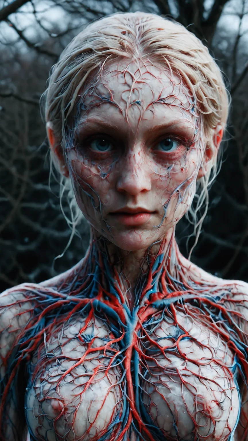 Hyperrealistic art yamer_veins, veins, (photograph of a cute girl, goth girl), blonde hair, pale skin, freckles, blush, (topless:1.1), innocent, snowfall, Porta 160 color, shot on ARRI ALEXA 65, bokeh, sharp focus on subject, shot by Don McCullin, female focus, no humans, guro, nature, shadow, muscular, monster, depth of field, horror (theme), (gorgeous:1.2), detailed face, looking at viewer, <lora:Veins_XL-000015:1> . Extremely high-resolution details, photographic, realism pushed to extreme, fine texture, incredibly lifelike