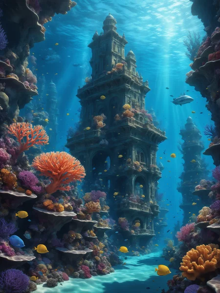 lifelike digital illustration of a surreal underwater city, glowing coral reefs, fantastical marine life, detailed textures, vibrant and rich colors, accurate lighting and shadows, 8k resolution, glossy and smooth surfaces, intricate details, perfect lighting