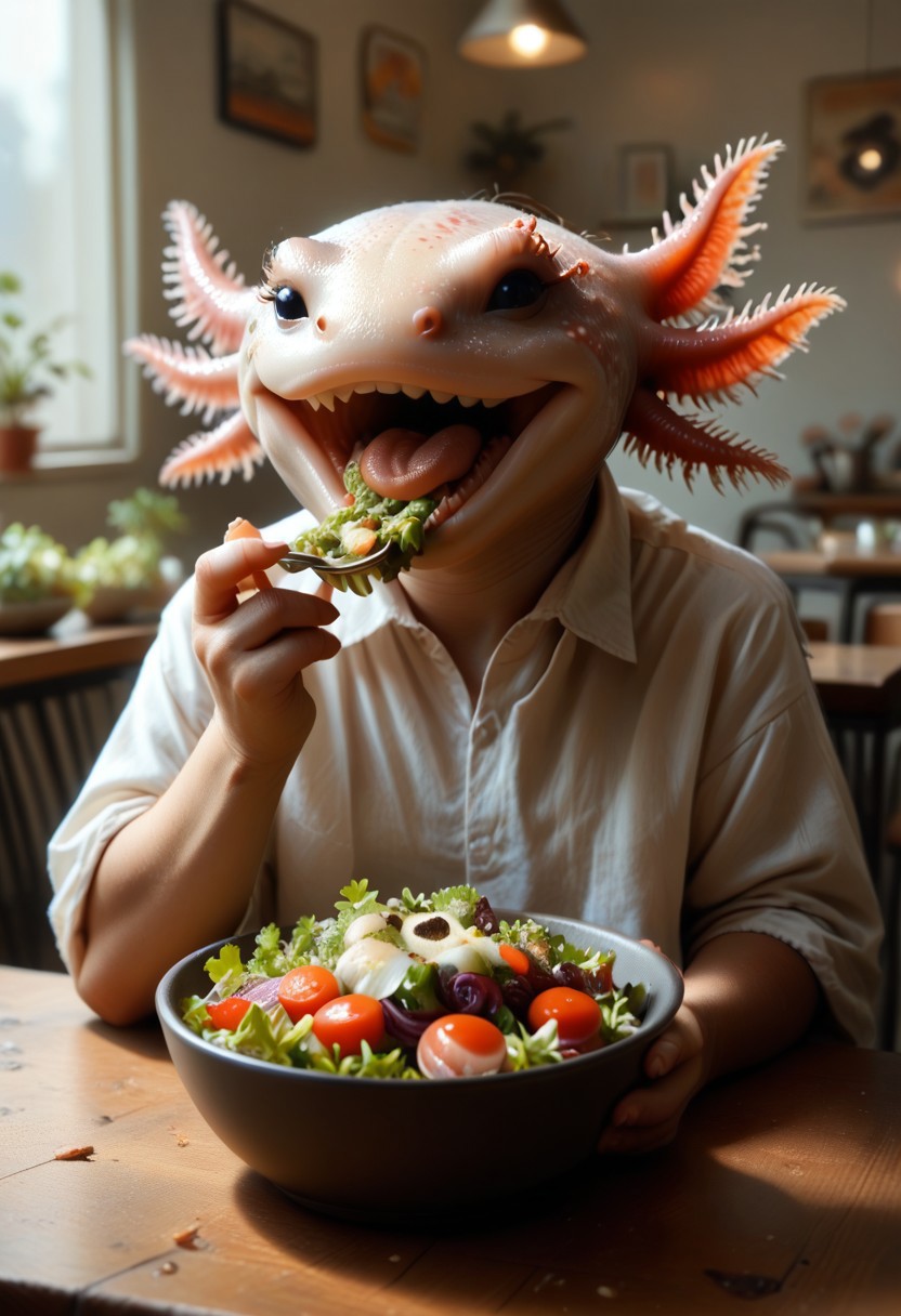 score_9, score_8_up, score_7_up, source_furry, 1other, solo, BREAK Axolotl, eating salad, laughing