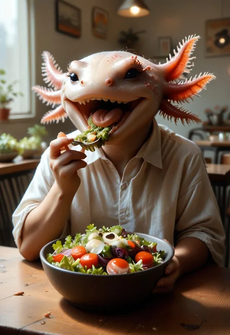 score_9, score_8_up, score_7_up, source_furry, 1other, solo, BREAK Axolotl, eating salad, laughing
