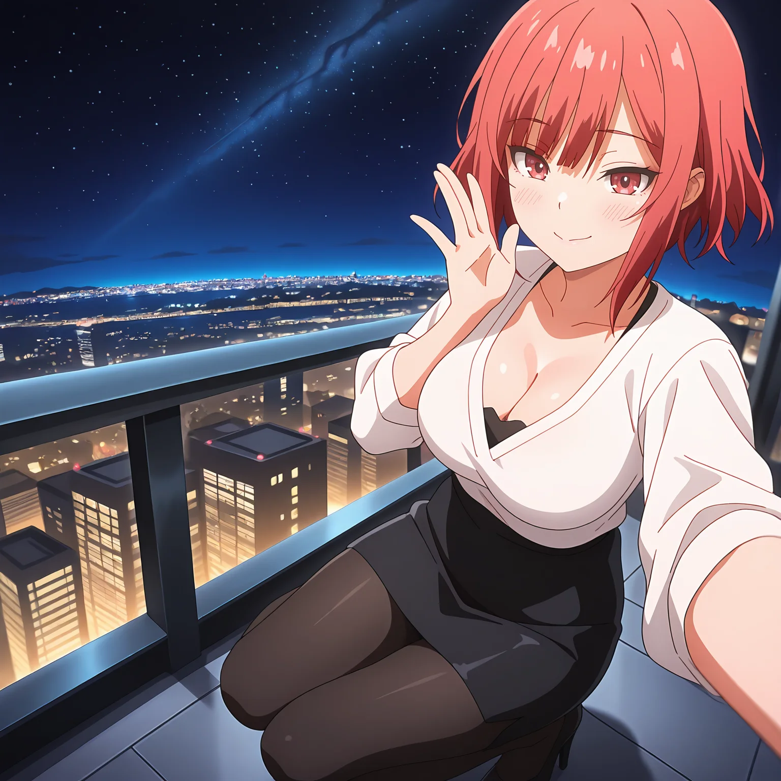 masterpiece,best quality,amazing quality, depth of field, <lora:Miho_Tsujinaka_Kono_Koi_ni_Kizuite:0.8> mitsko, 1girl, short hair, red hair, blunt bangs, red eyes, white shirt, cleavage, sleeves past elbows, long black pencil skirt, black pantyhose, black heels, city lights, night, starry sky, outdoors, (full body:1.3), selfie,