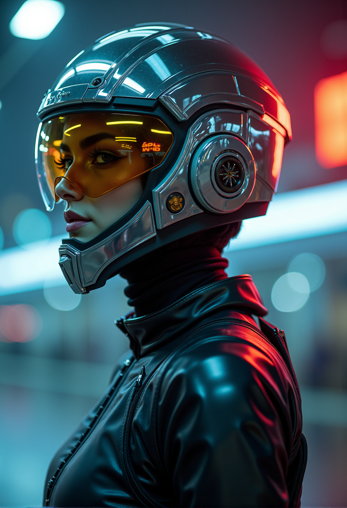 a woman   Mass Effect (Chrome colors:1.45) helmet on his head style by  Stuart Lippincott, photo by Arne Svenson, Motion blur, action,