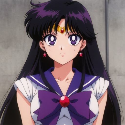 accented by a large purple bow. The golden tiara with a red gemstone glows slightly. Hands are positioned in a defensive stance, exuding quiet confidence., with an aura of discipline.