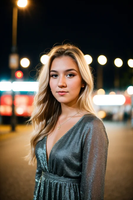 instagram photo, closeup face photo of 18 y.o swedish woman in dress, beautiful face, makeup, night city street, bokeh, motion blur