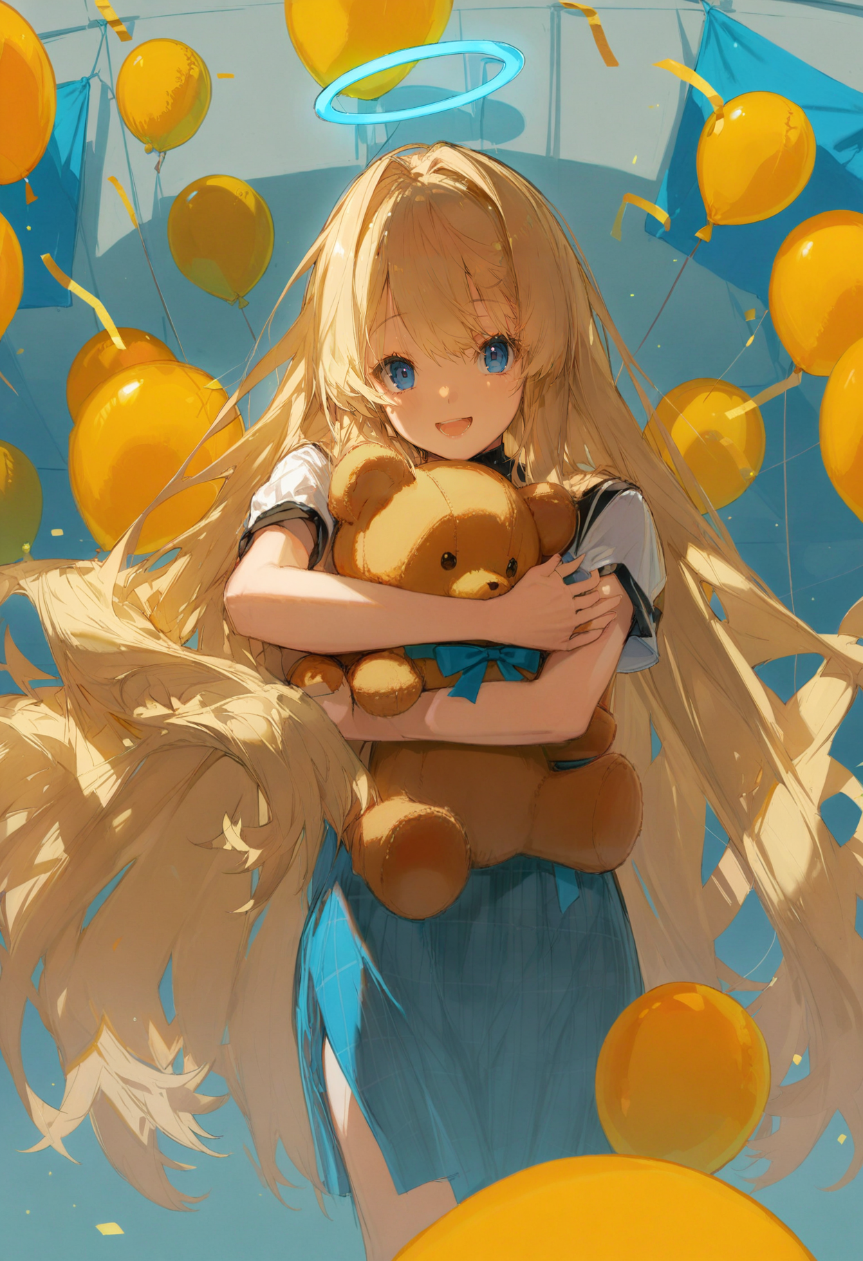 masterpiece, best quality, <lora:REDUMXLANI31lokrV53P1-000121:0.95>  1girl, long hair, solo, stuffed toy, teddy bear, stuffed animal, halo, balloon, very long hair, smile, looking at viewer, blonde hair, object hug, holding, bangs, short sleeves, holding stuffed toy, open mouth, blue eyes, virtual youtuber
