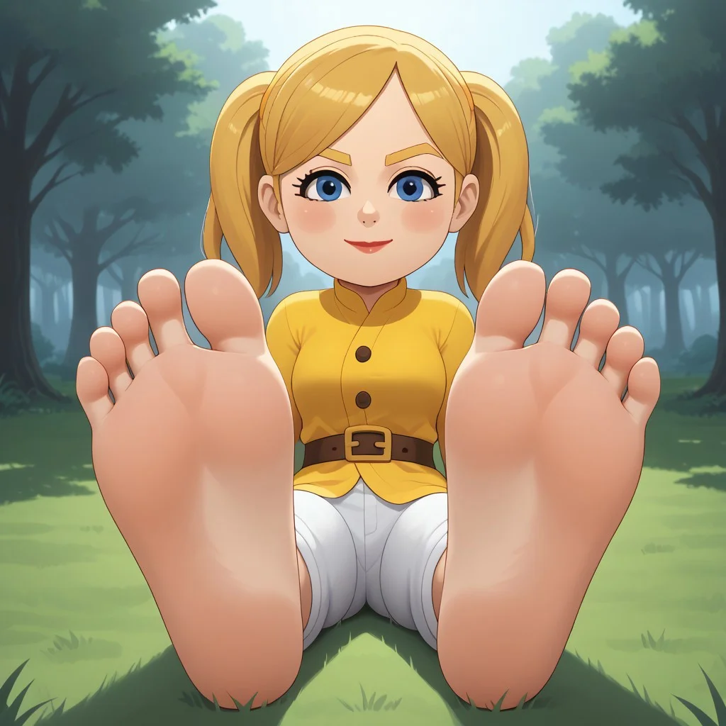 score_9, score_8_up, BREAK, (masterpiece:1.4), (best quality:1.2), solo, perfect anatomy, accurate anatomy, perfect feet, perfect soles, PONYXL_WaifuFeetPics_ownwaifu, wii, mii, wii sports, 1girl, female mii, blue eyes, blush, blonde hair, blonde eyebrows, twintails, yellow clothing, white pants, nintendo mii, modern_mii, classic_mii, pavika_\(\\oc_mii\\\), breasts, lips, sexy pose, self portrait, smile, outdoors, sunlight, shadows, evening lighting, natural lighting, forest, trees, grass, orange sky, sunset, (((sitting, barefoot, foot focus, feet, soles))), adult female, mature female