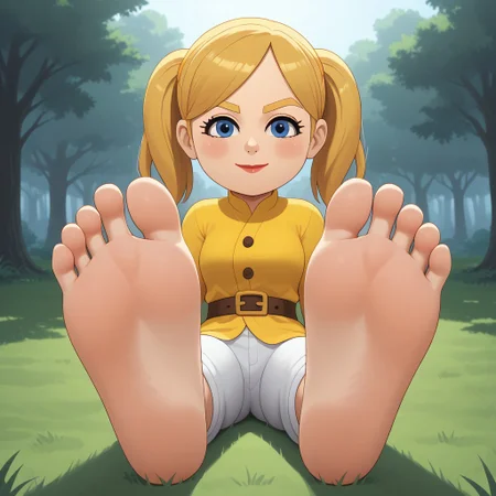 score_9, score_8_up, BREAK, (masterpiece:1.4), (best quality:1.2), solo, perfect anatomy, accurate anatomy, perfect feet, perfect soles, PONYXL_WaifuFeetPics_ownwaifu, wii, mii, wii sports, 1girl, female mii, blue eyes, blush, blonde hair, blonde eyebrows, twintails, yellow clothing, white pants, nintendo mii, modern_mii, classic_mii, pavika_\(\\oc_mii\\\), breasts, lips, sexy pose, self portrait, smile, outdoors, sunlight, shadows, evening lighting, natural lighting, forest, trees, grass, orange sky, sunset, (((sitting, barefoot, foot focus, feet, soles))), adult female, mature female