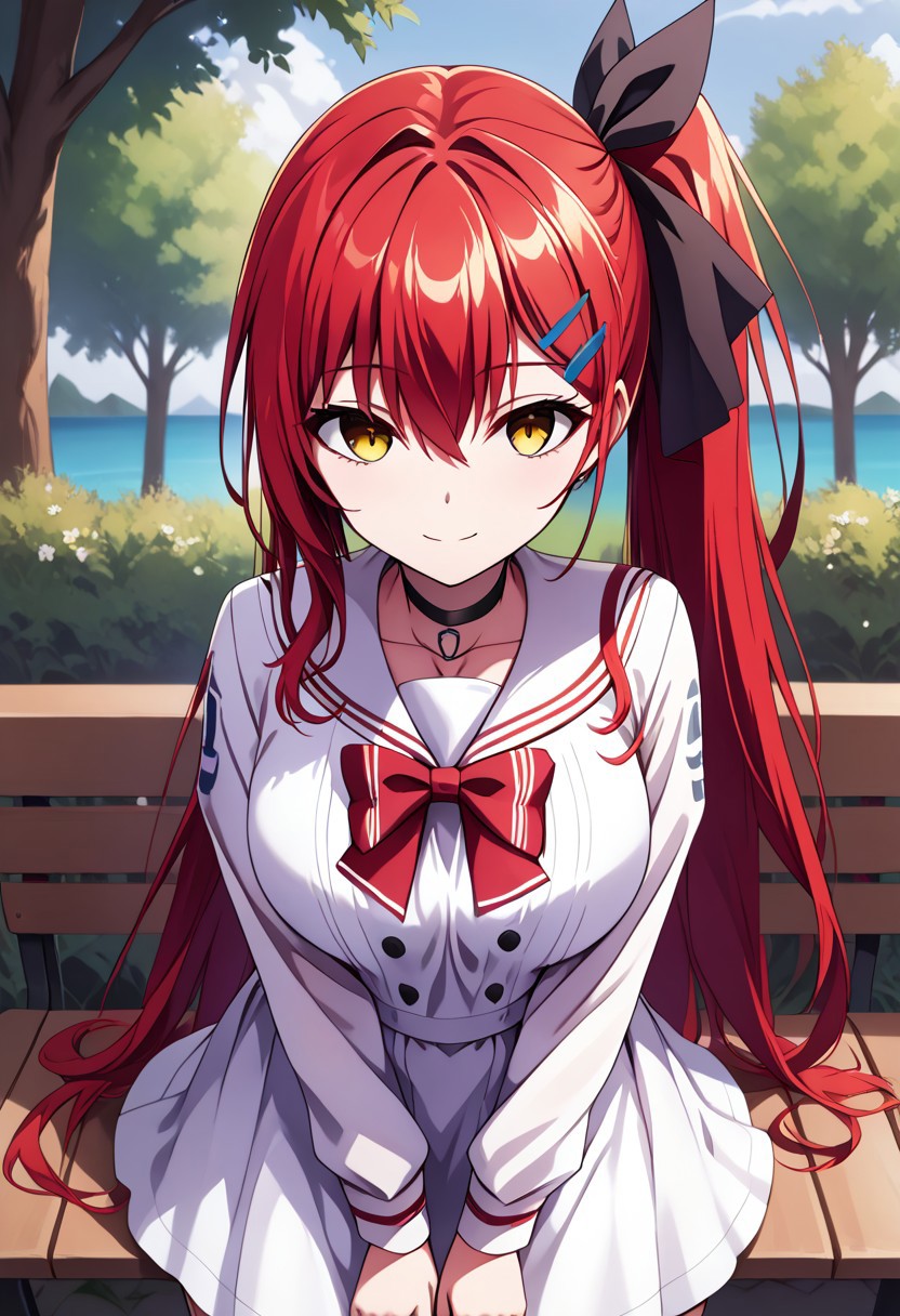 score_9, score_8_up, score_7_up, source_anime, LEOLESHEA, 1girl, solo, long hair, breasts, looking at viewer, blush, smile, bangs, skirt, hair ornament, long sleeves, dress, bow, ribbon, hair between eyes, jewelry, very long hair, closed mouth, school uniform, collarbone, green hair ribbon, yellow eyes, red hair, outdoors, choker, day, blue hairclip, sailor collar, white dress, red bow, side ponytail, tree, one side up, black choker, white skirt, sailor dress, white sailor collar, bench