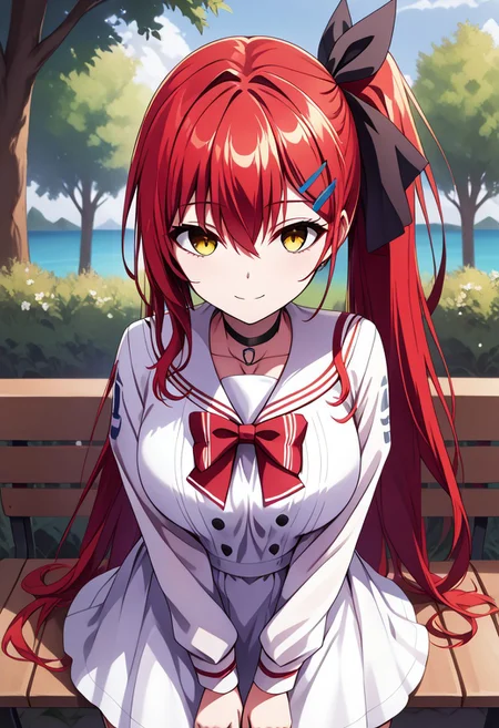 score_9, score_8_up, score_7_up, source_anime, LEOLESHEA, 1girl, solo, long hair, breasts, looking at viewer, blush, smile, bangs, skirt, hair ornament, long sleeves, dress, bow, ribbon, hair between eyes, jewelry, very long hair, closed mouth, school uniform, collarbone, green hair ribbon, yellow eyes, red hair, outdoors, choker, day, blue hairclip, sailor collar, white dress, red bow, side ponytail, tree, one side up, black choker, white skirt, sailor dress, white sailor collar, bench